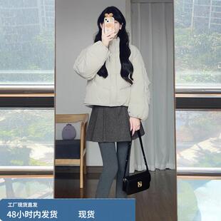 卡其色立领白鸭绒短款羽绒服女宽松气质小个子保暖面包服外套冬季
