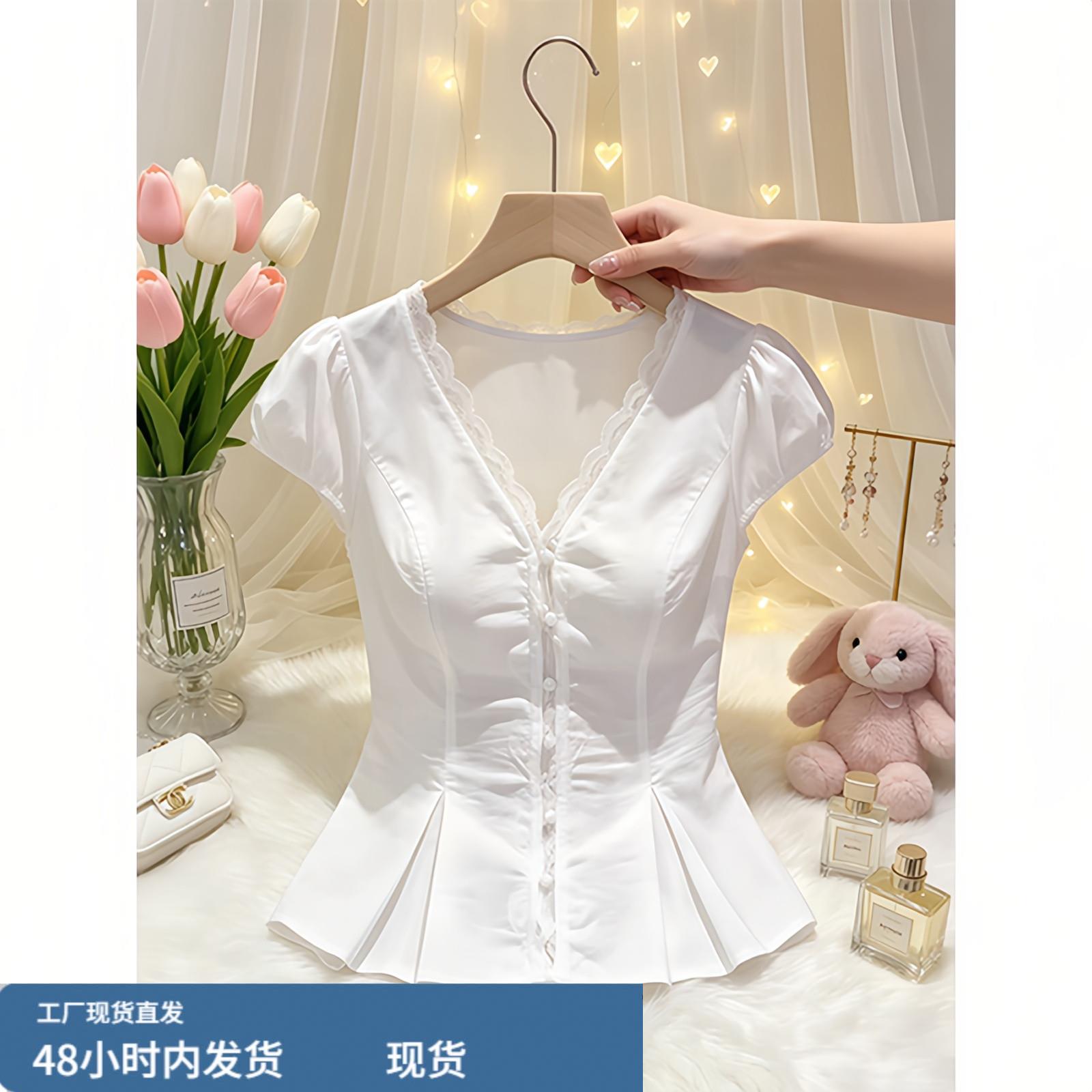 蕾丝边拼接后背绑带收腰短袖衬衫女夏季短款娃娃衫时髦氛围感上衣图片