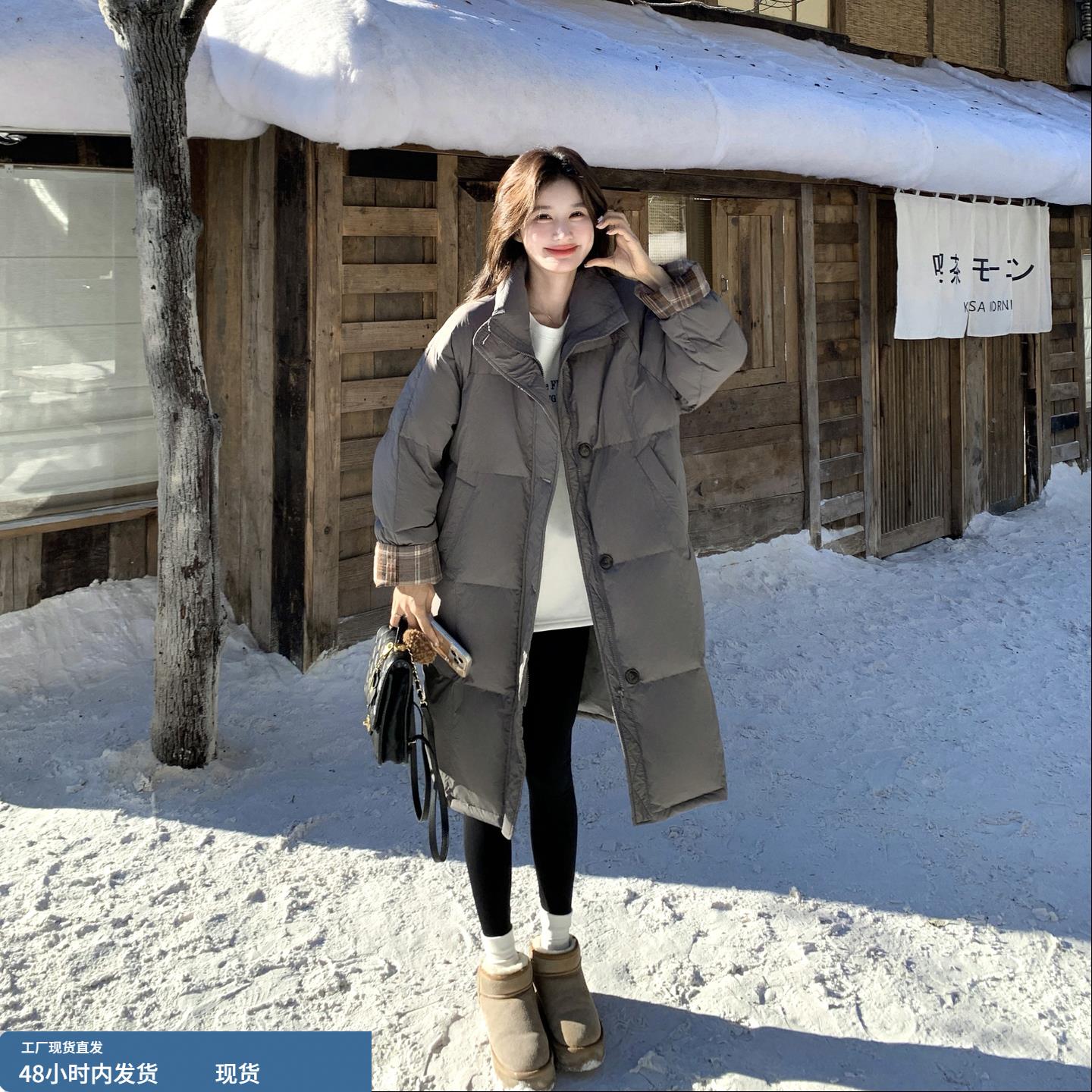 灰色韩版长款格子拼接羽绒服女冬季2025年新款时尚保暖泡芙面包服