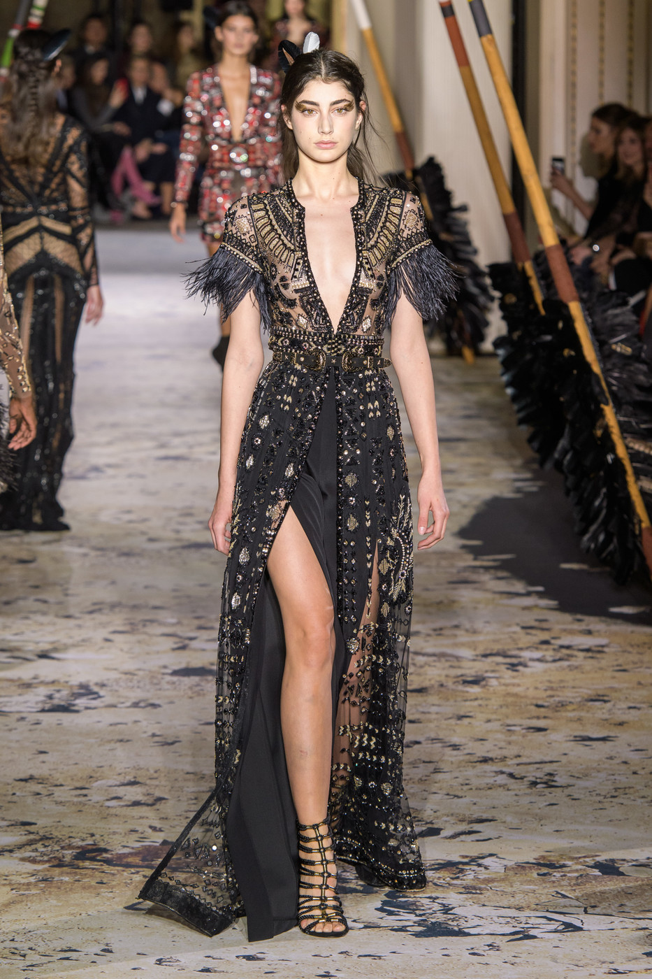 15年老店 Zuhair Murad 深V领黑金色年会派对晚礼服短袖羽毛性感
