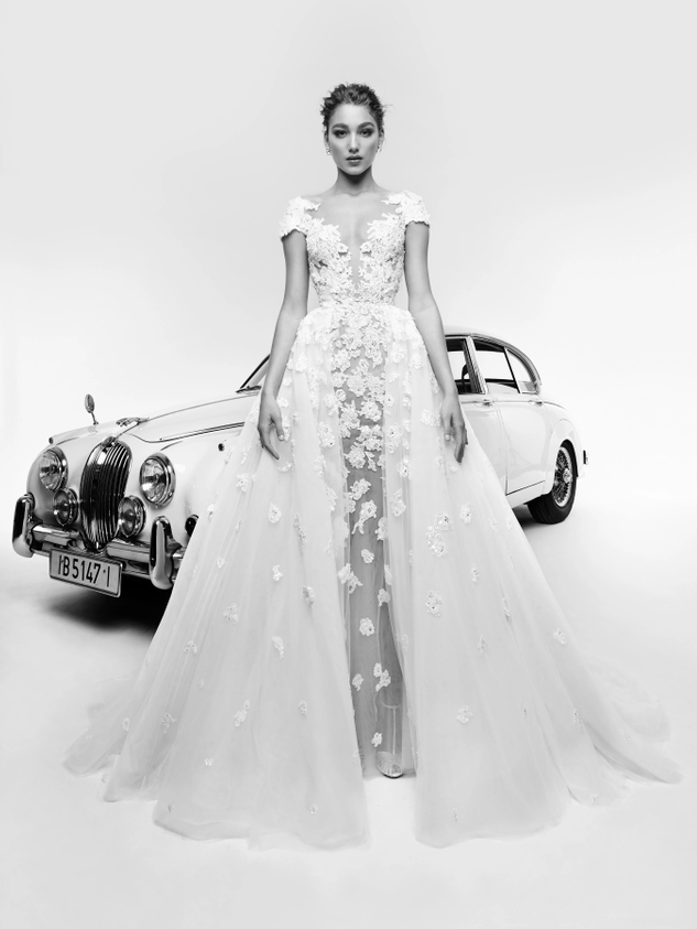 zuhair murad 短袖蕾丝钉珠韩式优雅仙女新娘酒店教堂婚礼婚纱