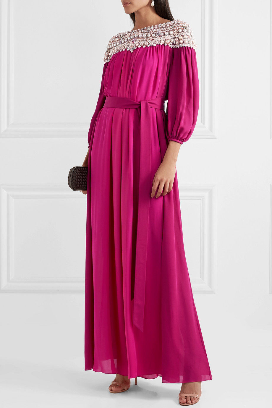 marchesa 玫红色珍珠长袖收腰生日约会年会晚礼服新娘结婚敬酒服