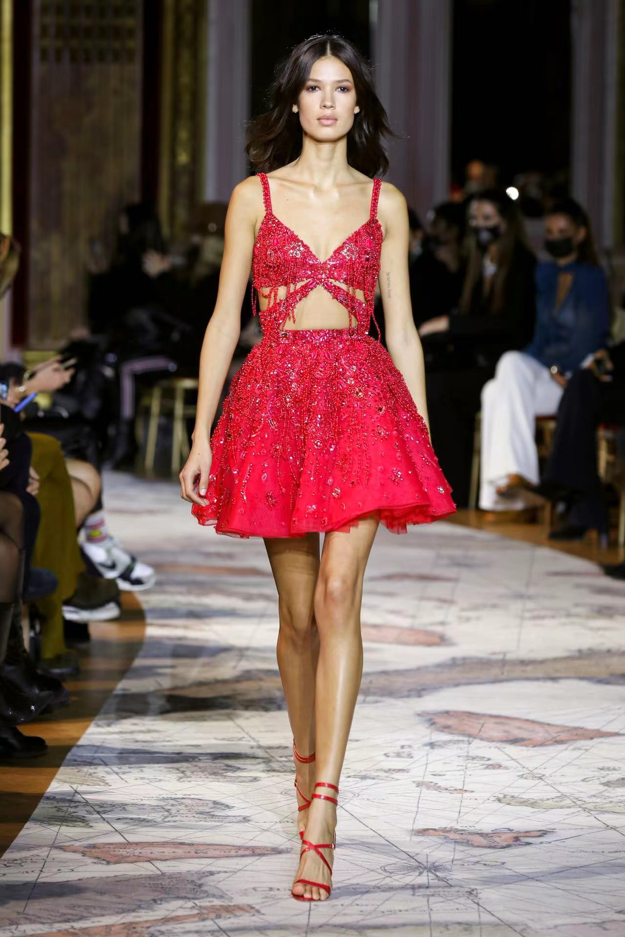 Zuhair Murad 红色时尚露腰钉珠年会生日订婚回门宴小礼服敬酒服