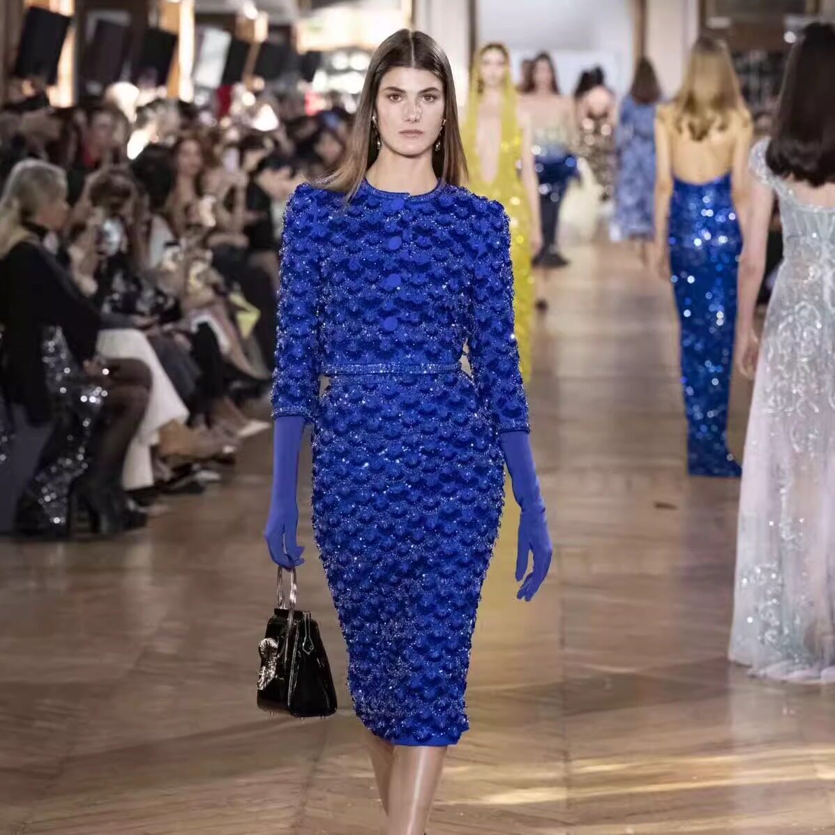 Georges Hobeika 宝蓝色小香风奢华钉珠中袖膝盖长约会高档小礼服
