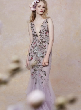 marchesa 紫色V领鱼尾修身显瘦手工花朵钉珠生日婚宴晚礼服敬酒服