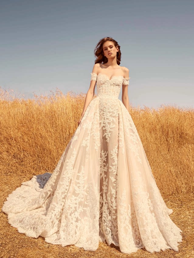 zuhair murad 一字肩经典蕾丝优雅新娘酒店婚礼主婚纱高级定制