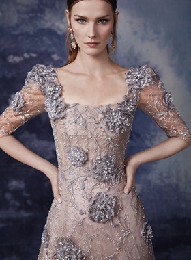 marchesa 灰色中袖方领中长款钉珠生日聚会年会订婚小礼服敬酒服