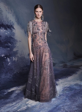 marchesa 灰色流苏钉珠优雅宴会遮手臂显瘦晚礼服婚礼新娘妈妈装