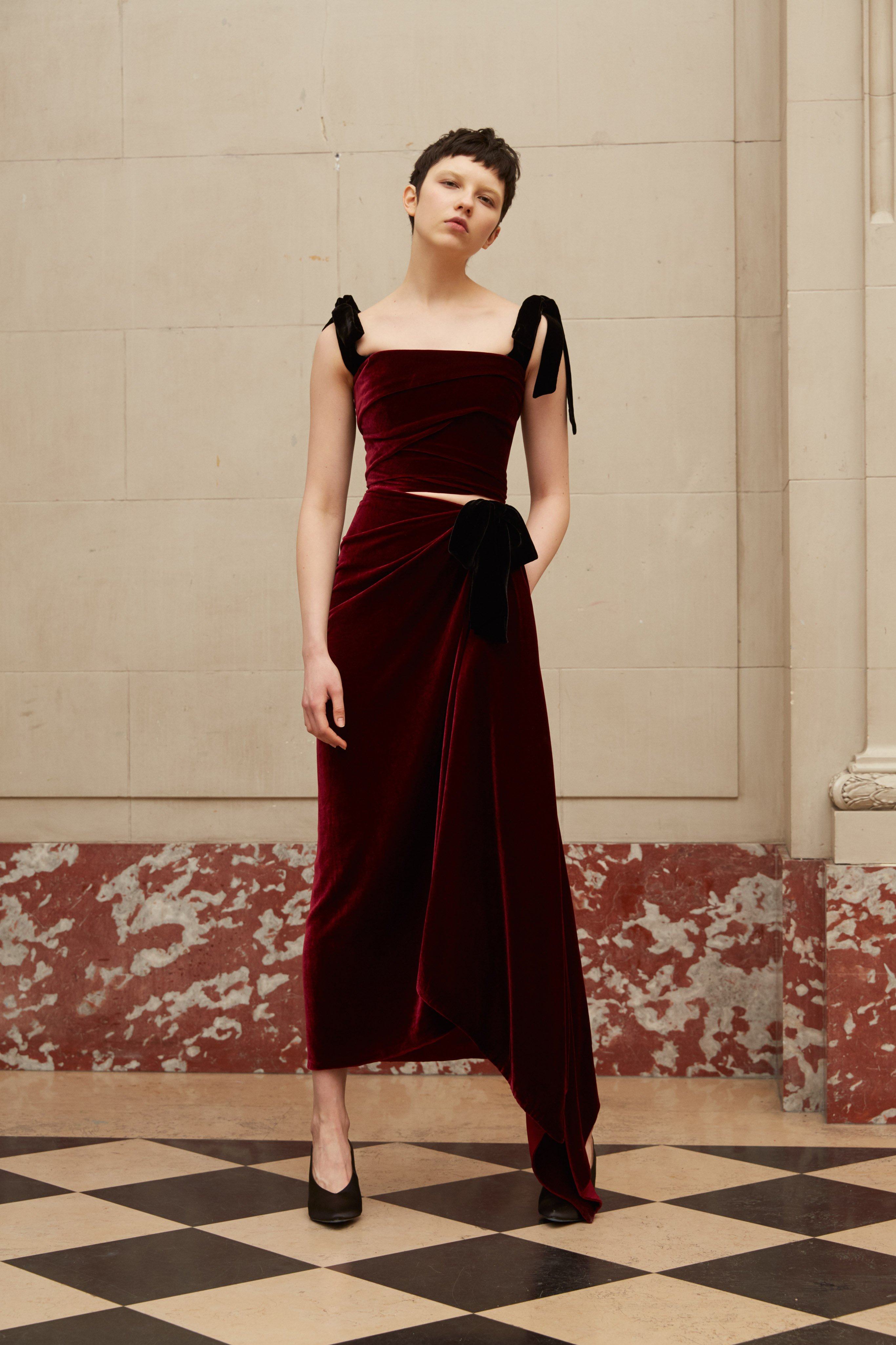 15年老店reem acra 复古红色丝绒两件套短款日常约会小礼服敬酒服