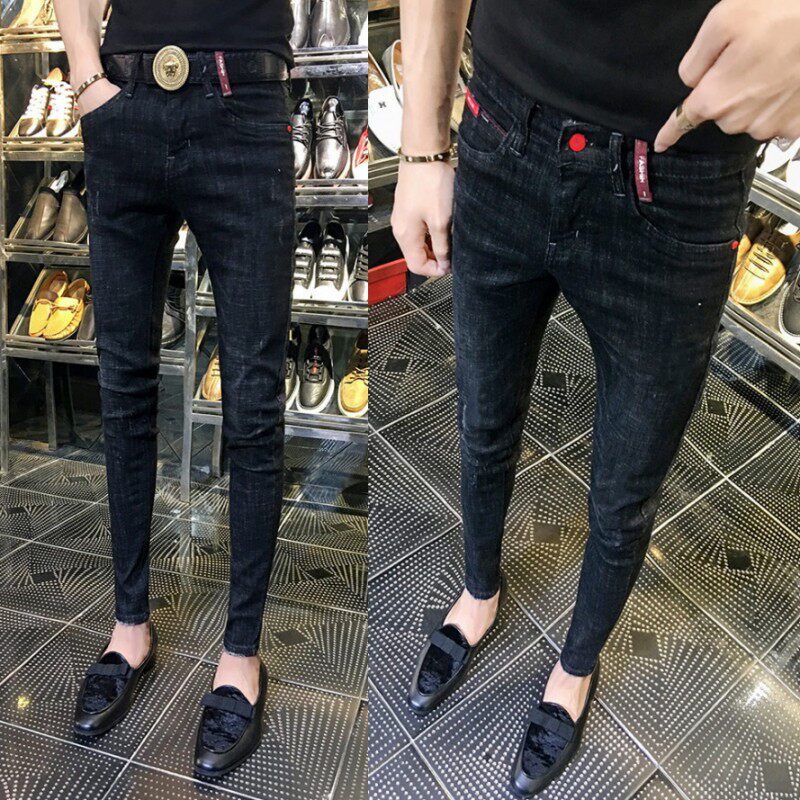 春季新款简约牛仔裤男修身小脚黑色弹力休闲韩版潮流百搭紧身裤子