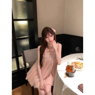 丹丹吃不饱 【粉雾碎钻 】娃娃领粉色珠子千金少女公主网纱连衣裙