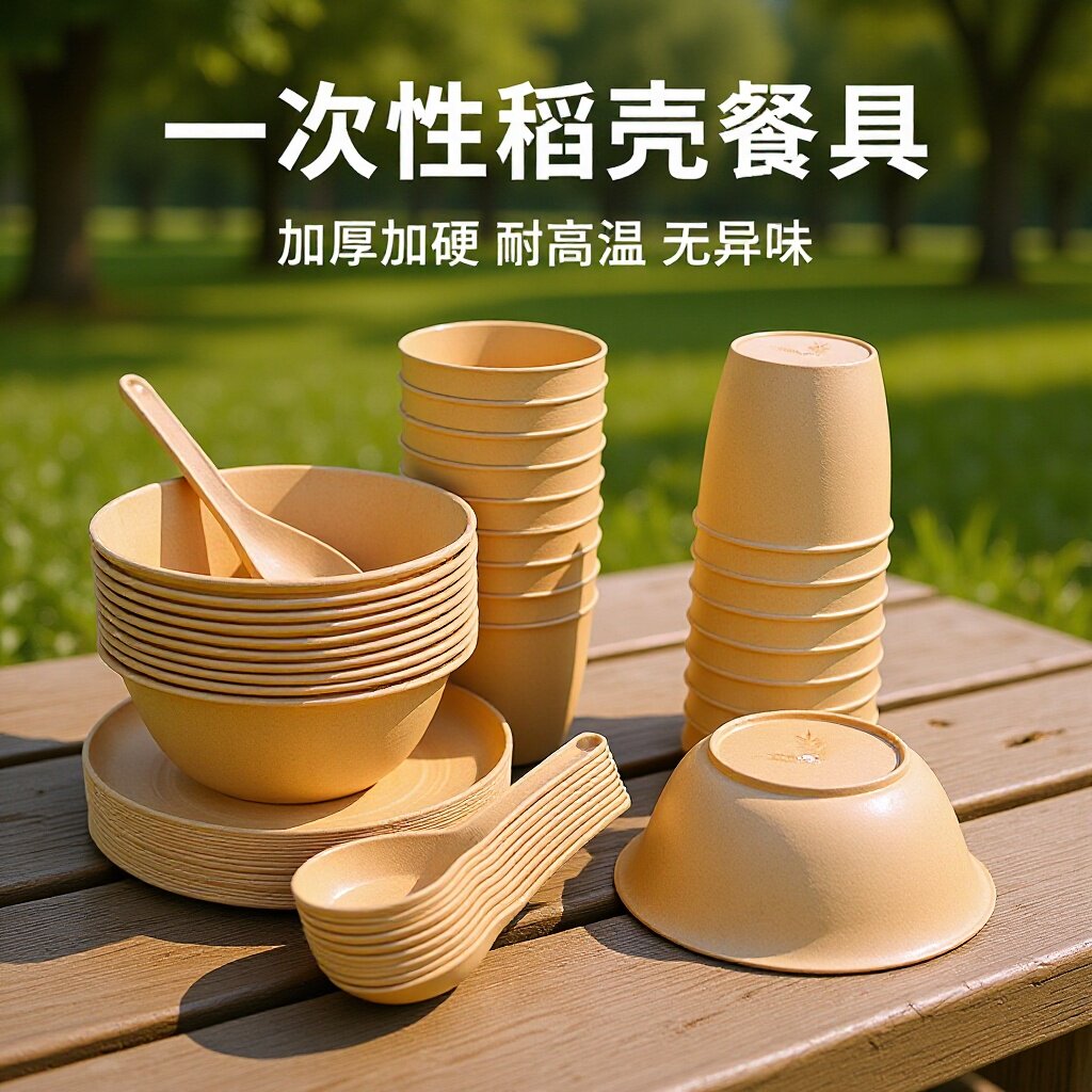 一次性稻壳加厚高档家用餐具套装