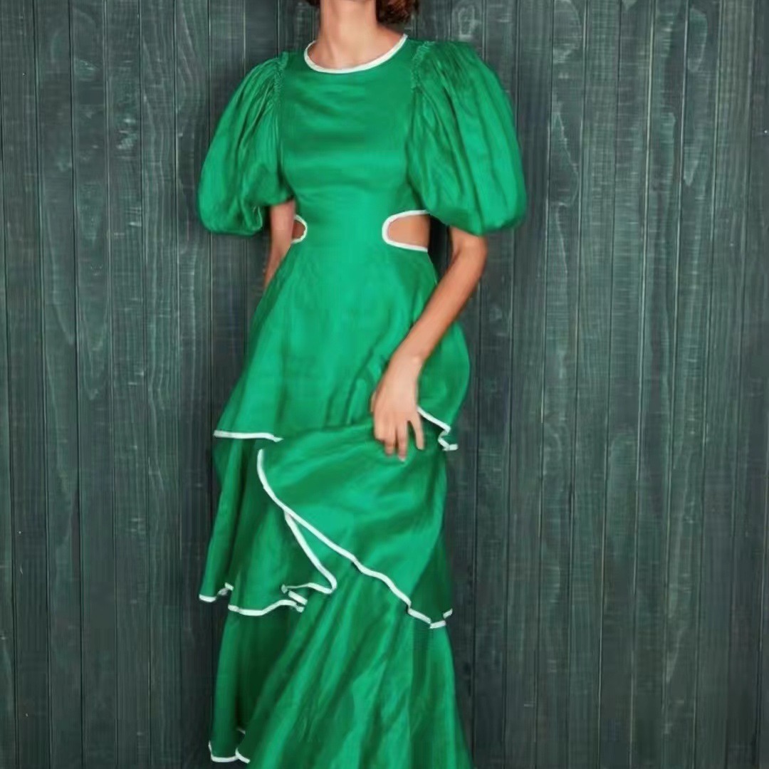 新款欧美外贸2023圆领泡泡袖 性感露腰 镂空长款连衣裙女单件