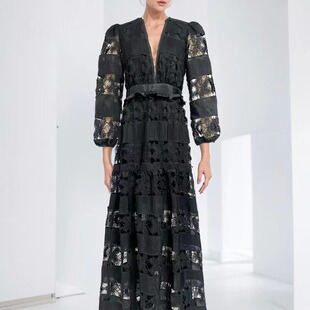 连衣裙女长袖 荷叶边拼接镂空长款 单件 V领灯笼袖 澳洲小众2024春季