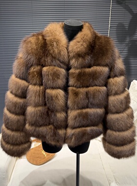 富贵咖 流光复古立领整皮背毛狐狸毛皮草外套女短款裘皮大衣