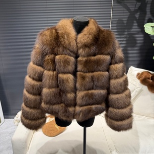 富贵咖 裘皮大衣 流光复古立领整皮背毛狐狸毛皮草外套女短款
