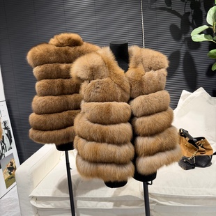 蜂蜜马甲 进口整皮狐狸背毛横排夹革皮草毛毛外套女25秋新