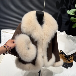 进口saga大狐狸毛领鹅绒内胆麂皮绒毛毛大衣2025冬新款皮草外套女