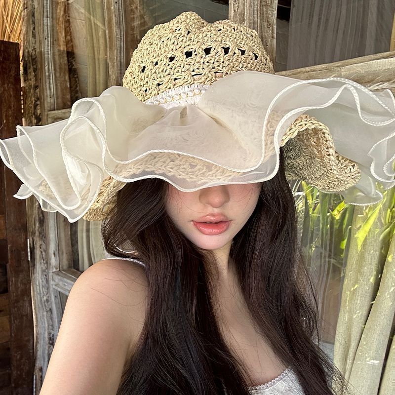 欧根纱珍珠草帽户外夏季防晒草帽带网纱百搭沙滩海边拍照度假帽子