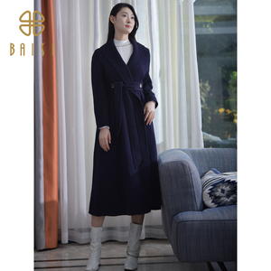 百丝翻领气质时尚中长款外套2022冬季新品简约纯色优雅毛呢大衣女