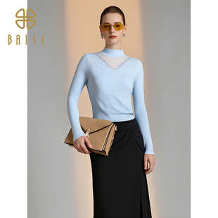 通勤气质网纱长袖 2025秋季 温柔风修身 百丝针织羊毛衫 上衣女 新品