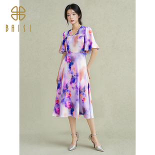 2025夏季新品百丝茶歇法式长裙V领紫色晕染雪纺短袖修身连衣裙女