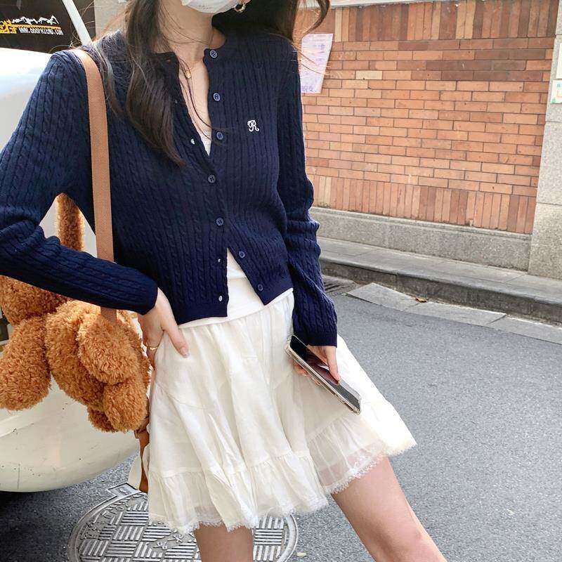 灰色针织开衫短款女小个子正肩麻花春季学院风毛衣外搭蓝色上衣