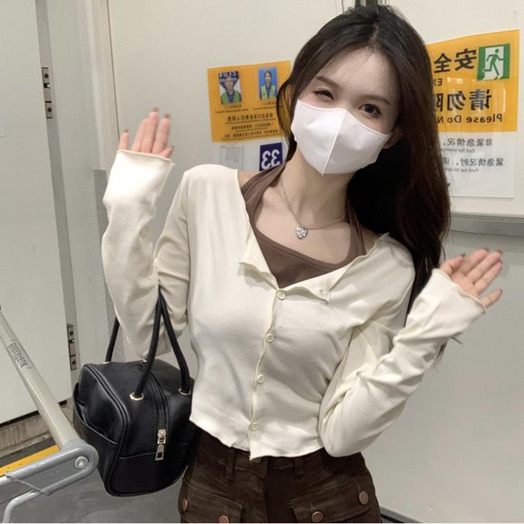 2欲025秋季女新款纯挂脖内搭感假两件长衫袖T恤生学打底上衣