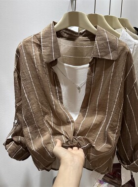 条纹假两件衬衫女2024年秋季新款时尚显瘦长袖衬衣防晒衫叠穿上衣