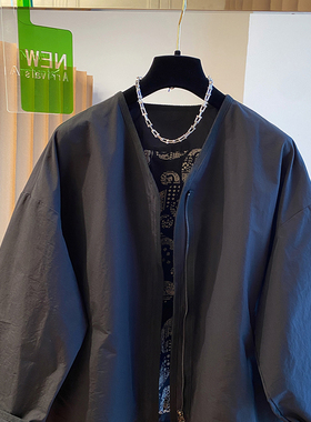 欧货无领风衣外套女2025秋季新款宽松气质腰果花色内衬中长款上衣