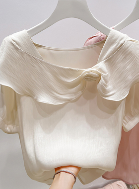 2025新款韩国修身显瘦不规则立体花朵纯色套头短袖雪纺衫女夏薄款