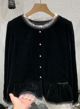 荷叶边蕾丝拼接丝绒衬衫女2025年秋冬新款复古层次感气质高端上衣