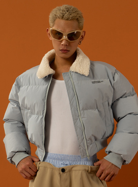 CLP蓝杏色仿羊羔毛翻领棉服棉衣外套男女宽松超短辣弟加厚面包服