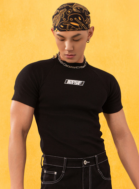 CLP黑色短袖修身弹力T恤厚款春秋针织衫男健身收腰插肩袖Y2K潮流