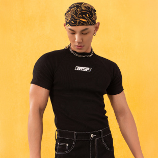 男健身收腰插肩袖 CLP黑色短袖 春秋针织衫 弹力T恤厚款 Y2K潮流 修身