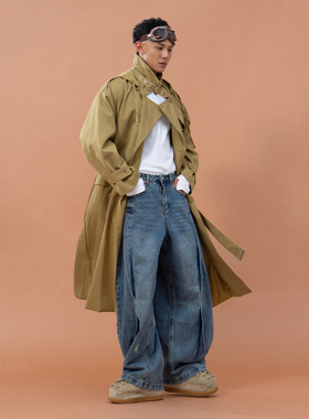 CLP卡其黑色腰带收腰连帽风衣大衣男休闲宽松复古廓形潮流外套ins