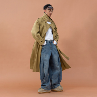 CLP卡其黑色腰带收腰连帽风衣大衣男休闲宽松复古廓形潮流外套ins