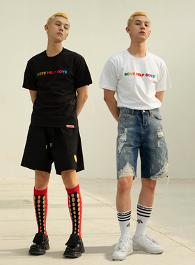 CLP原创设计黑白色彩虹字母绣花BOYS纯棉T恤男宽松情侣新款上衣夏