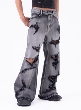 CLP黑灰色前后破洞牛仔裤男宽松直筒阔腿休闲复古毛边刮烂水洗潮