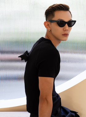 CLP黑色原创设计恶魔翅膀Devil印花T恤男女同款修身短袖条纹弹力