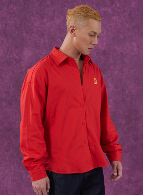 CLP红色廓形翻领衬衣长袖衬衫男女宽松潮流休闲美式复古直筒街头