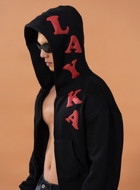 CLP黑色短款字母印花连帽卫衣外套男弹力运动休闲开衫宽松街头潮