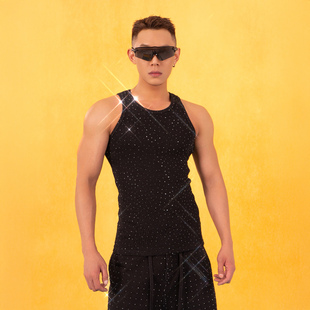 CLP黑白爆闪满钻罗纹运动弹力背心男女金属装 饰休闲潮流辣弟紧身