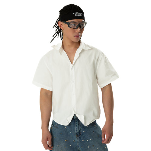 CLP白色短款宽松短袖衬衫男