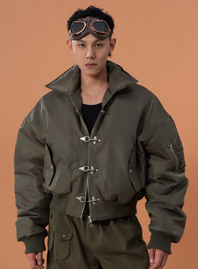 CLP黑绿色金属搭扣飞行员夹克棉服男外套短款宽松廓形复古加厚潮