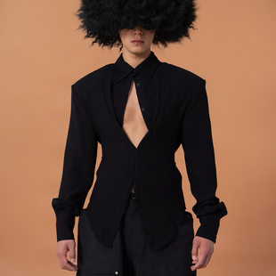 高街露胸休闲绑带棉麻 男修身 CLP黑色立体剪裁深V收腰设计长袖 衬衫