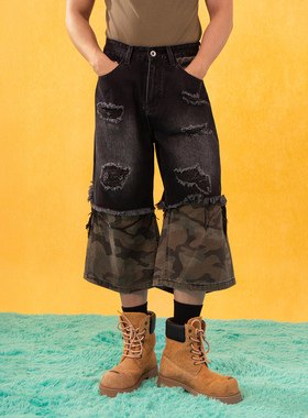 CLP黑色迷彩拼接破洞做旧复古牛仔裤短裤七分男宽松阔腿直筒休闲