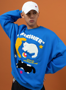 CLP蓝灰色猫咪刺绣立体套头长袖卫衣男女上衣情侣宽松休闲廓形潮