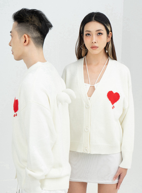 CLP白色翅膀爱心钉珠休闲针织衫毛衣开衫宽松长短款外套男女原创