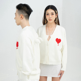 外套男女原创 宽松长短款 CLP白色翅膀爱心钉珠休闲针织衫 毛衣开衫